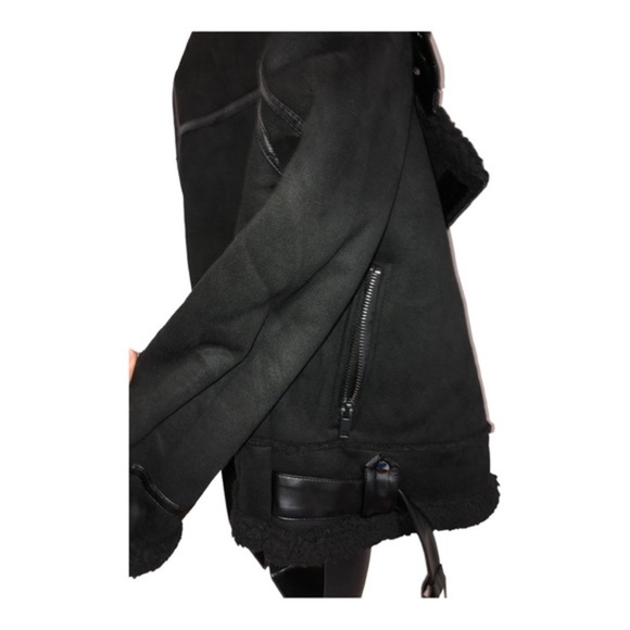 Black moto bomber buckled faux shearling biker jacket coat size small new - Picture 4 of 16